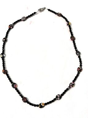 vintage Murano Venetian millefiori black/red floral glass bead necklace - 17”